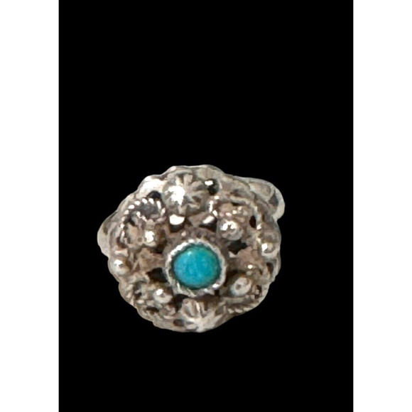Antique Mexican Sterling Silver Filigree Flower Ring Turquoise Stone Sz 7.75 - Picture 6 of 10